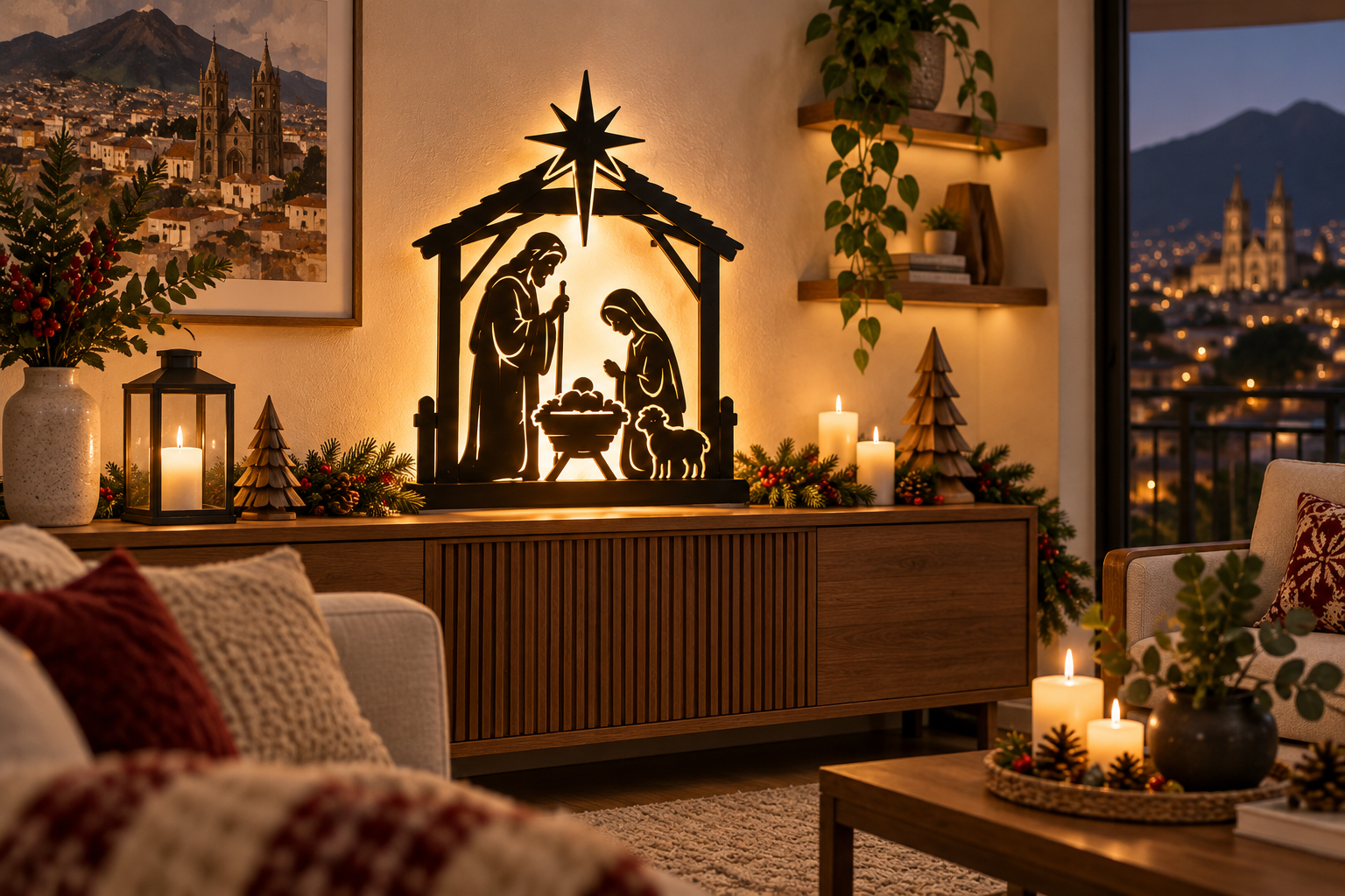 Nacimiento metálico iluminado en ambiente navideño