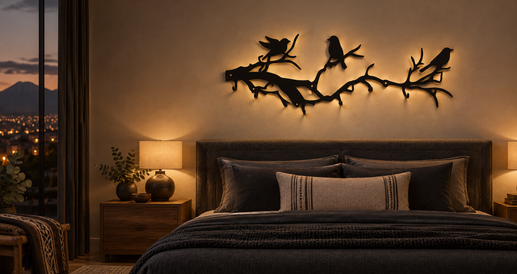 Decoración metálica de ramas y aves instalada en dormitorio